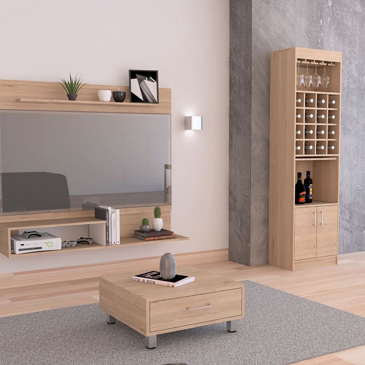 TUHOME - Combo Panel de TV 55" + Bar Cava + Mesa de Centro Beijing