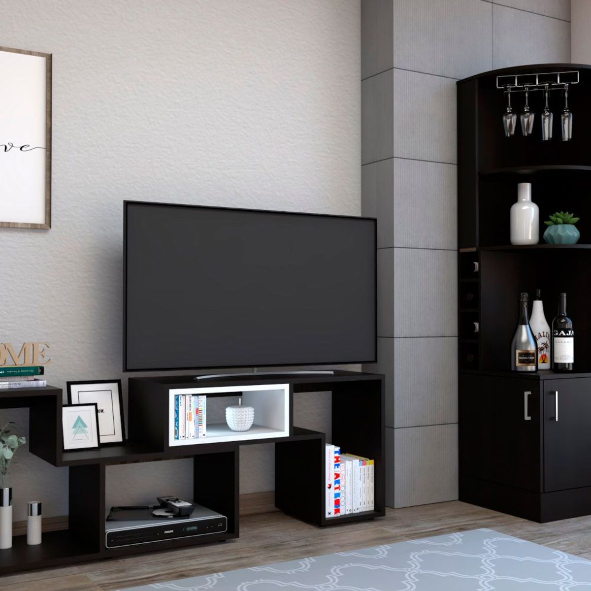 TUHOME - Combo Mesa de TV 40" Extensible + Bar Cava Esquinero Beijing