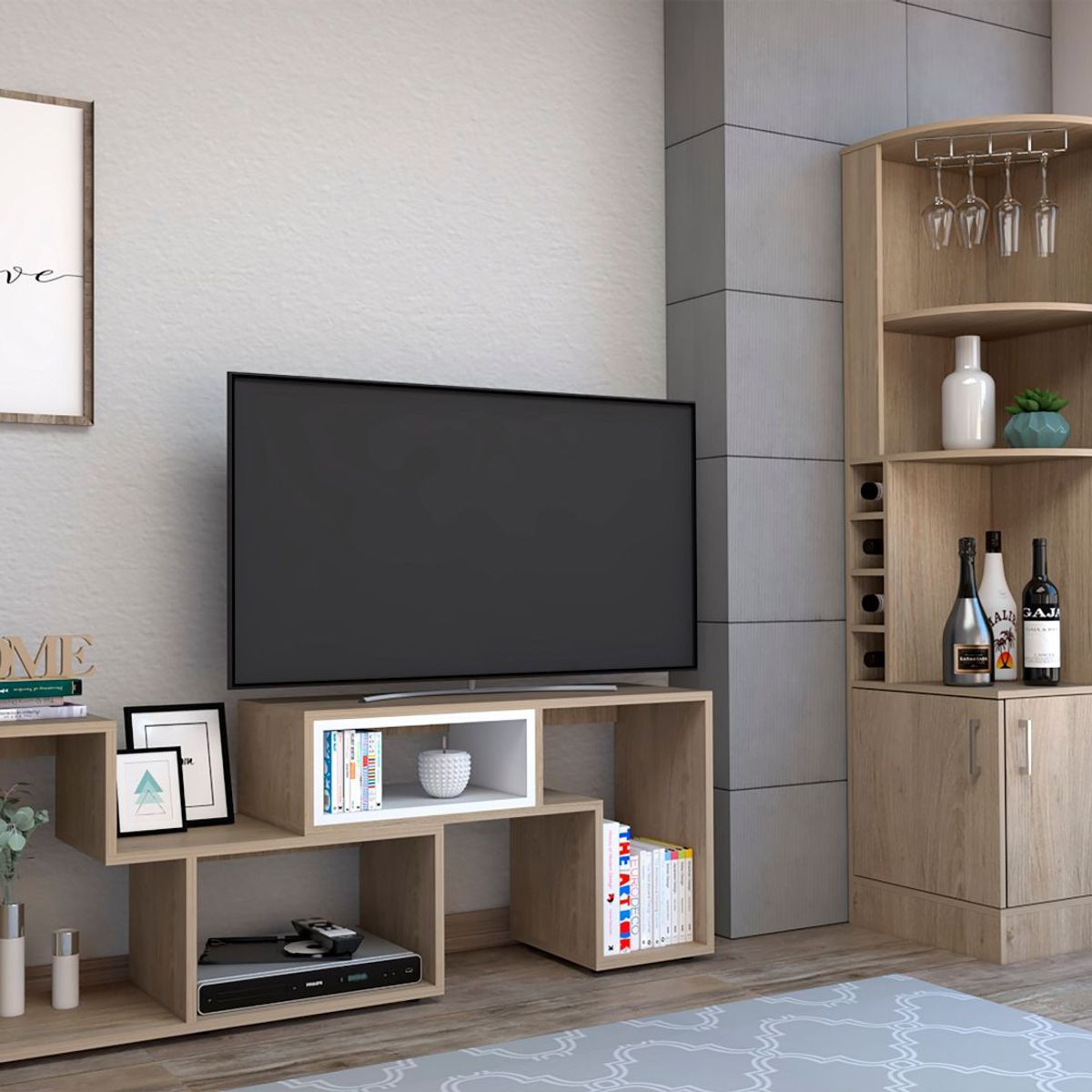 TUHOME - Combo Mesa de TV 40" Extensible + Bar Cava Esquinero Beijing