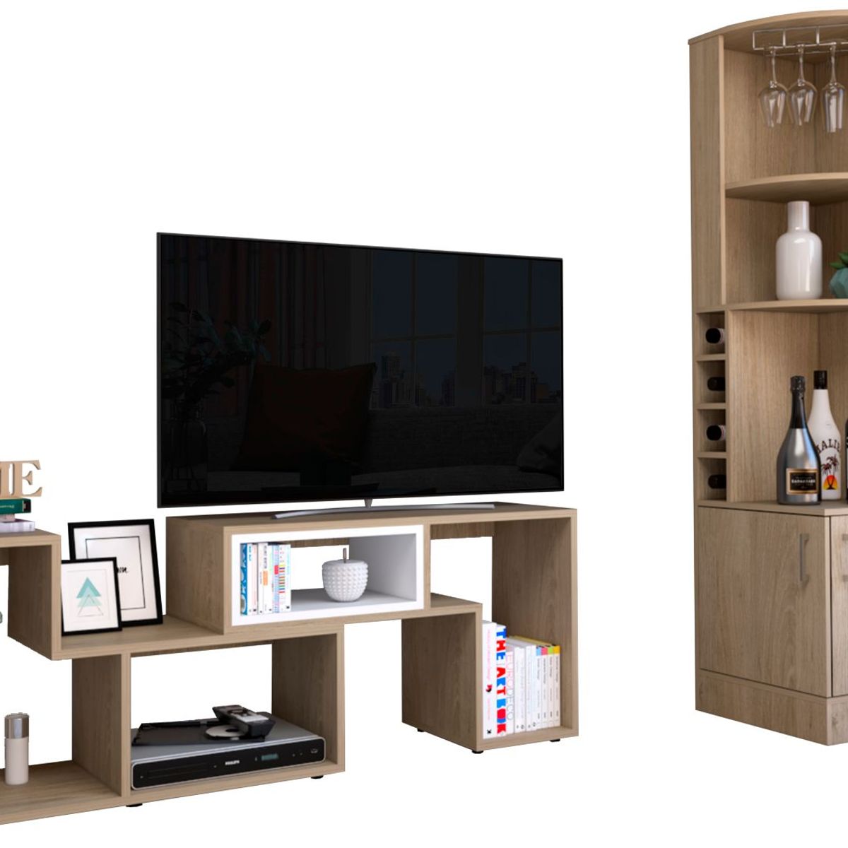 TUHOME - Combo Mesa de TV 40" Extensible + Bar Cava Esquinero Beijing