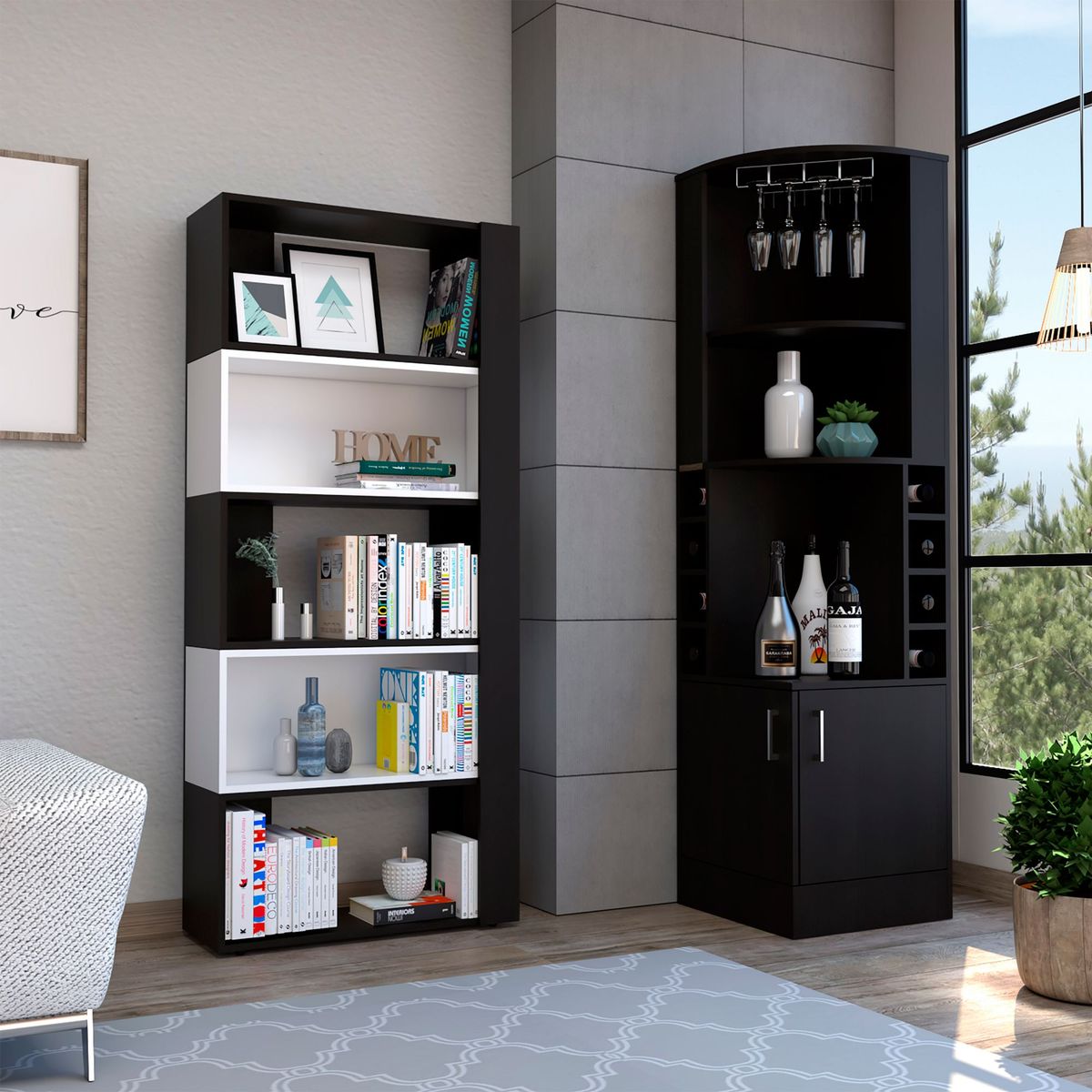 TUHOME - Combo Bar Cava Esquinero + Estante Librero Beijing