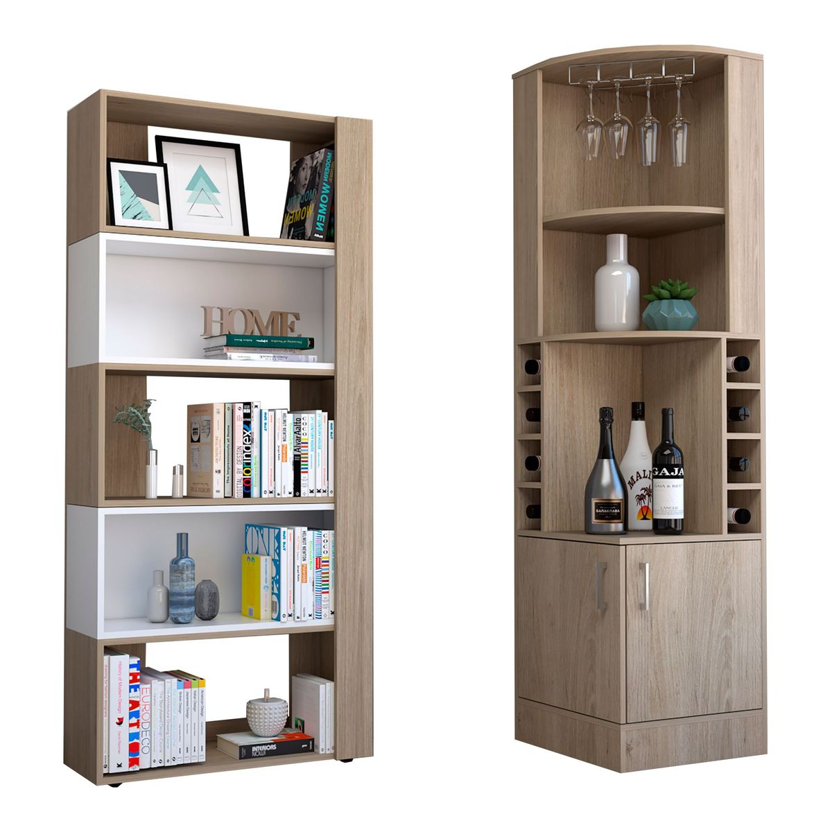 TUHOME - Combo Bar Esquinero Kava + Bliblioteca Beijing Rovere/Blanco