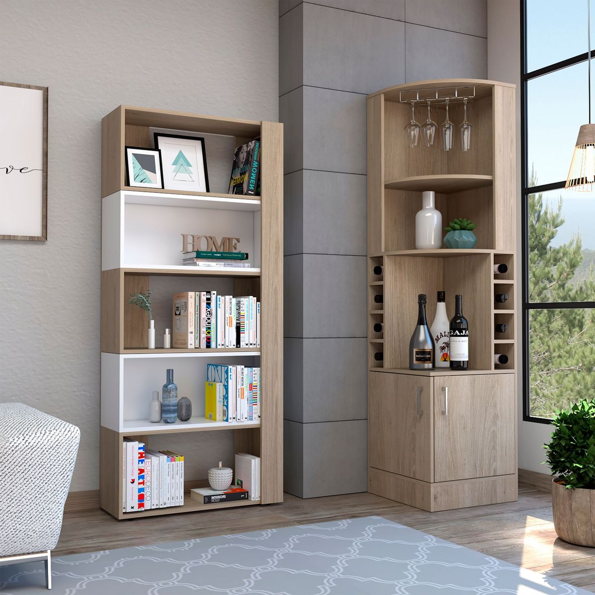 TUHOME - Combo Bar Esquinero Kava + Bliblioteca Beijing Rovere/Blanco