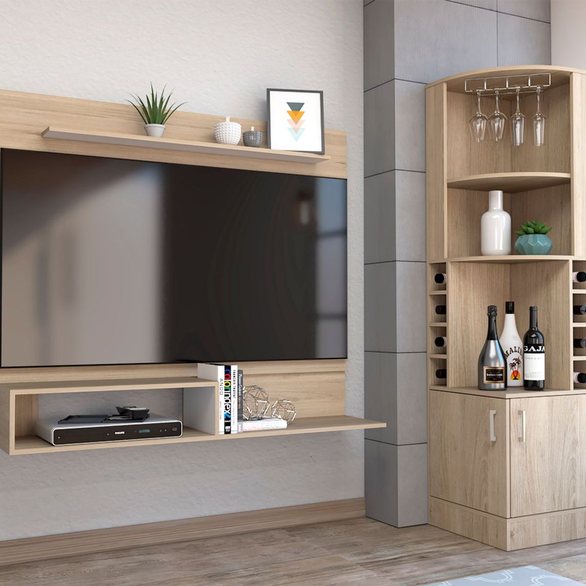 TUHOME - Combo Panel de TV 55" + Bar Cava Esquinero Beijing