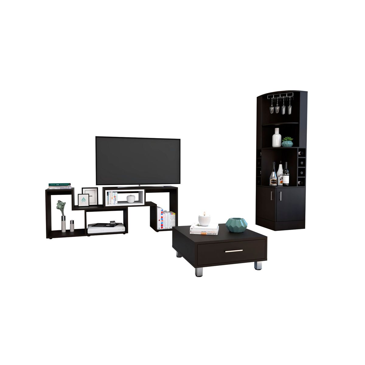 TUHOME - Combo Bar Esquinero + Mueble de TV 40" + Mesa de Centro Beijing Wengue