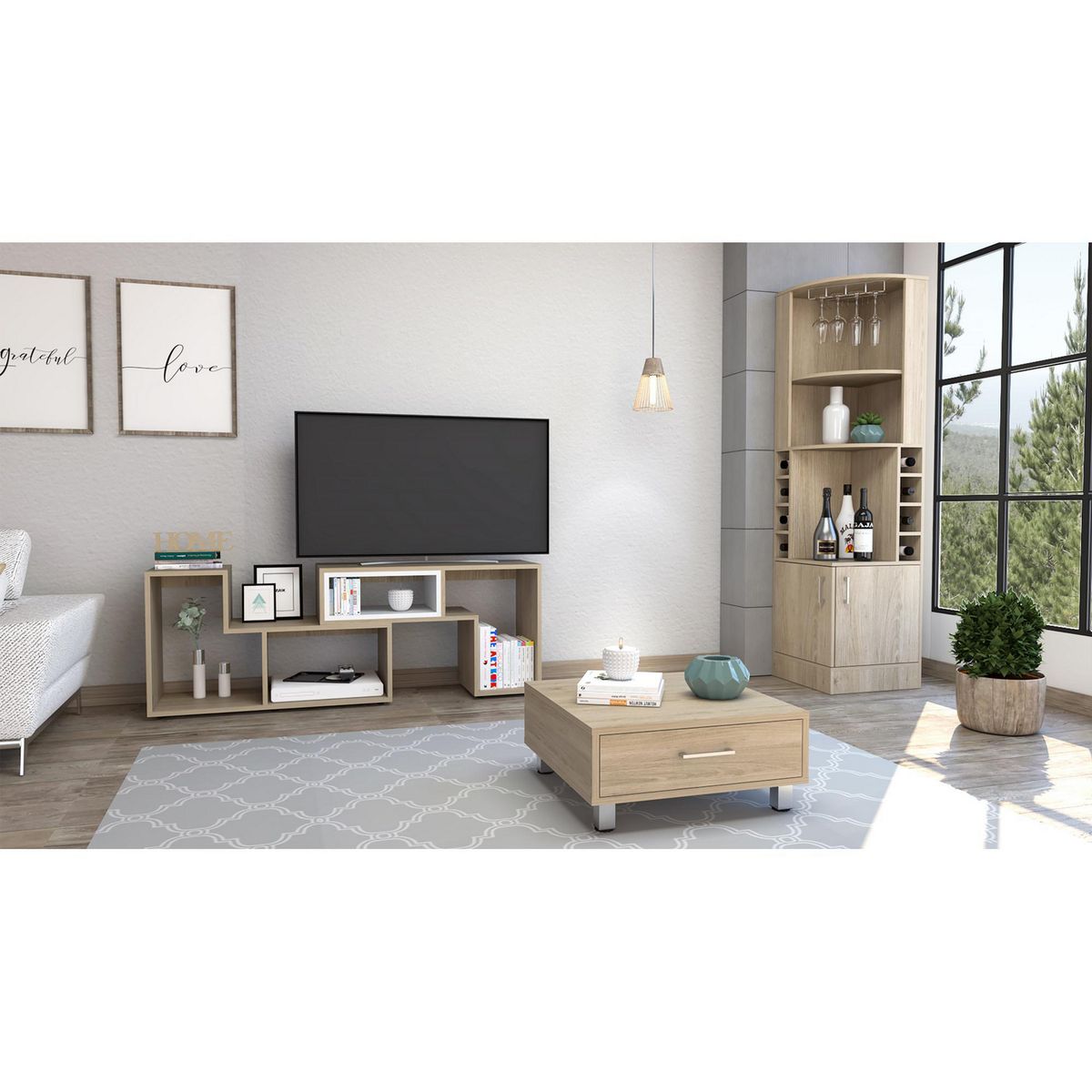 TUHOME - Combo Mesa de TV 40" Extensible + Bar Cava + Mesa de Centro Beijing