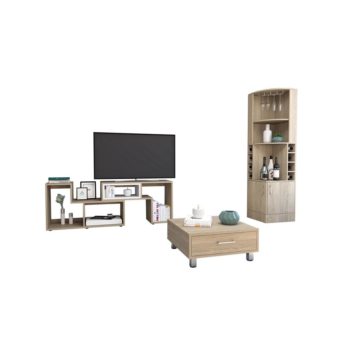 TUHOME - Combo Mesa de TV 40" Extensible + Bar Cava + Mesa de Centro Beijing