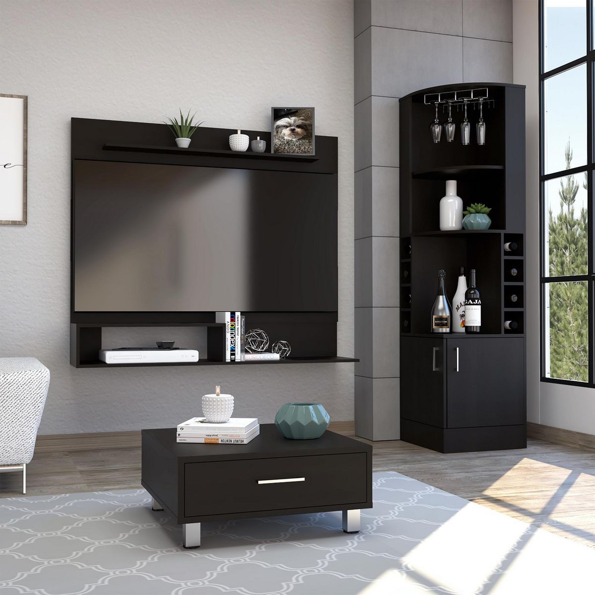 TUHOME - Combo Panel de TV 55" + Bar Alto Esquinero + Mesa de Centro Beijing