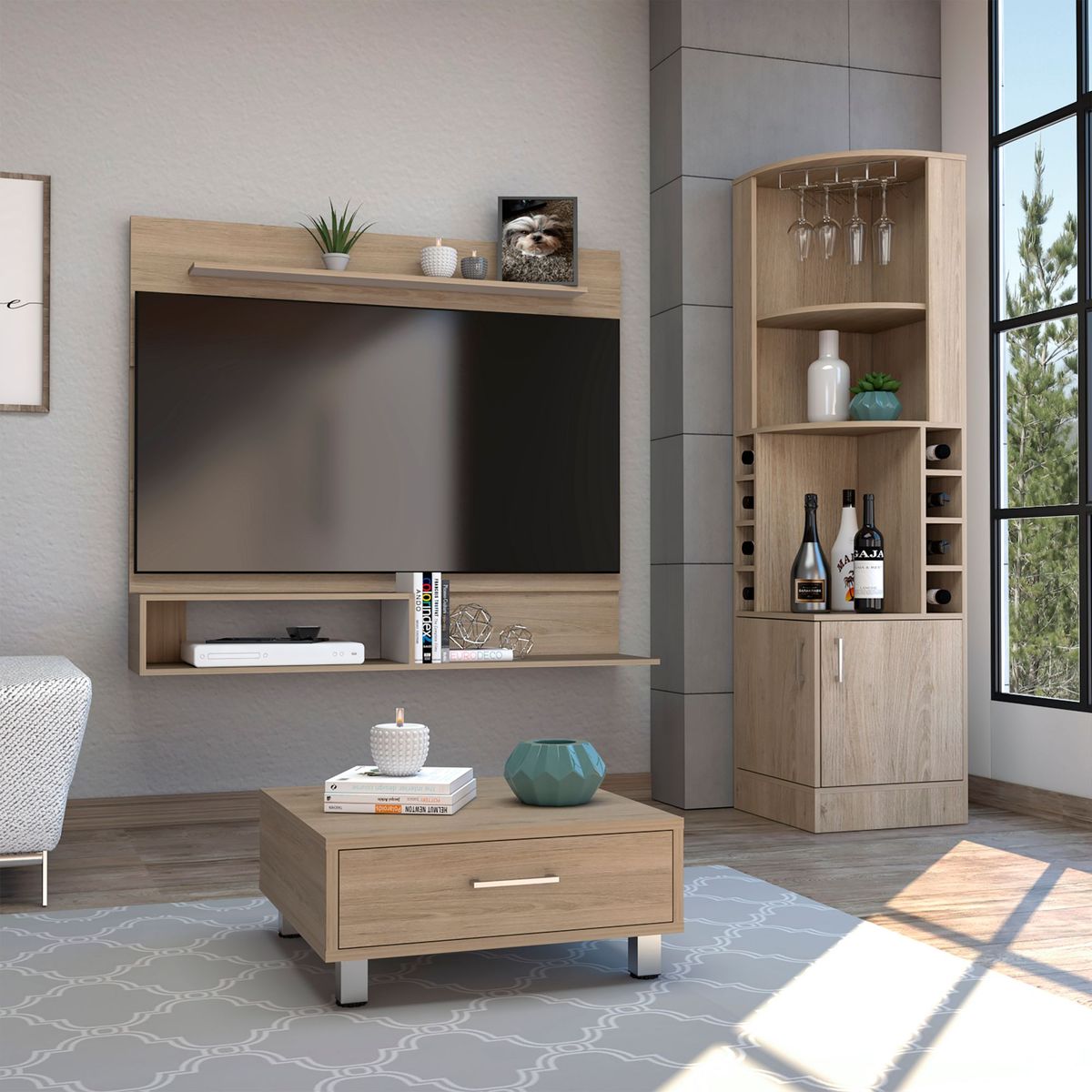 TUHOME - Bar Esquinero Kava + Panel TV 55'' + Mesa de Centro Beijing Rovere