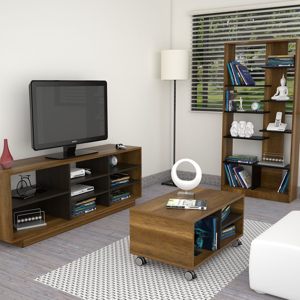 TUHOME - Mesa TV 58'' + Biblioteca + Mesa De Centro Caramelo/Wengue