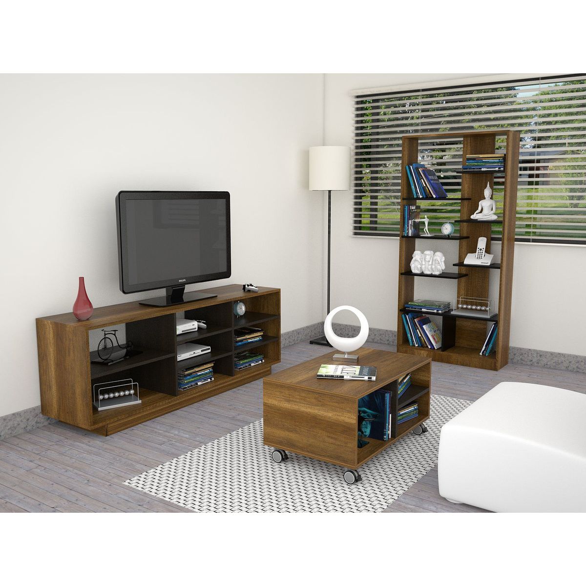 TUHOME - Mesa TV 58'' + Biblioteca + Mesa De Centro Caramelo/Wengue