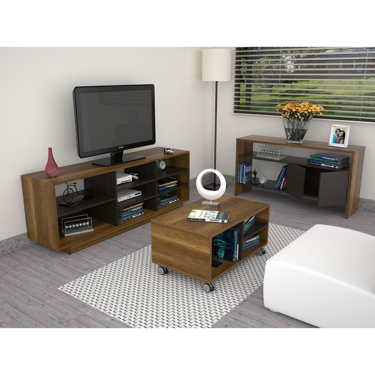 TUHOME - Combo Mesa de TV 58'' + Mueble Auxiliar + Mesa de Centro Caramelo/Wengue