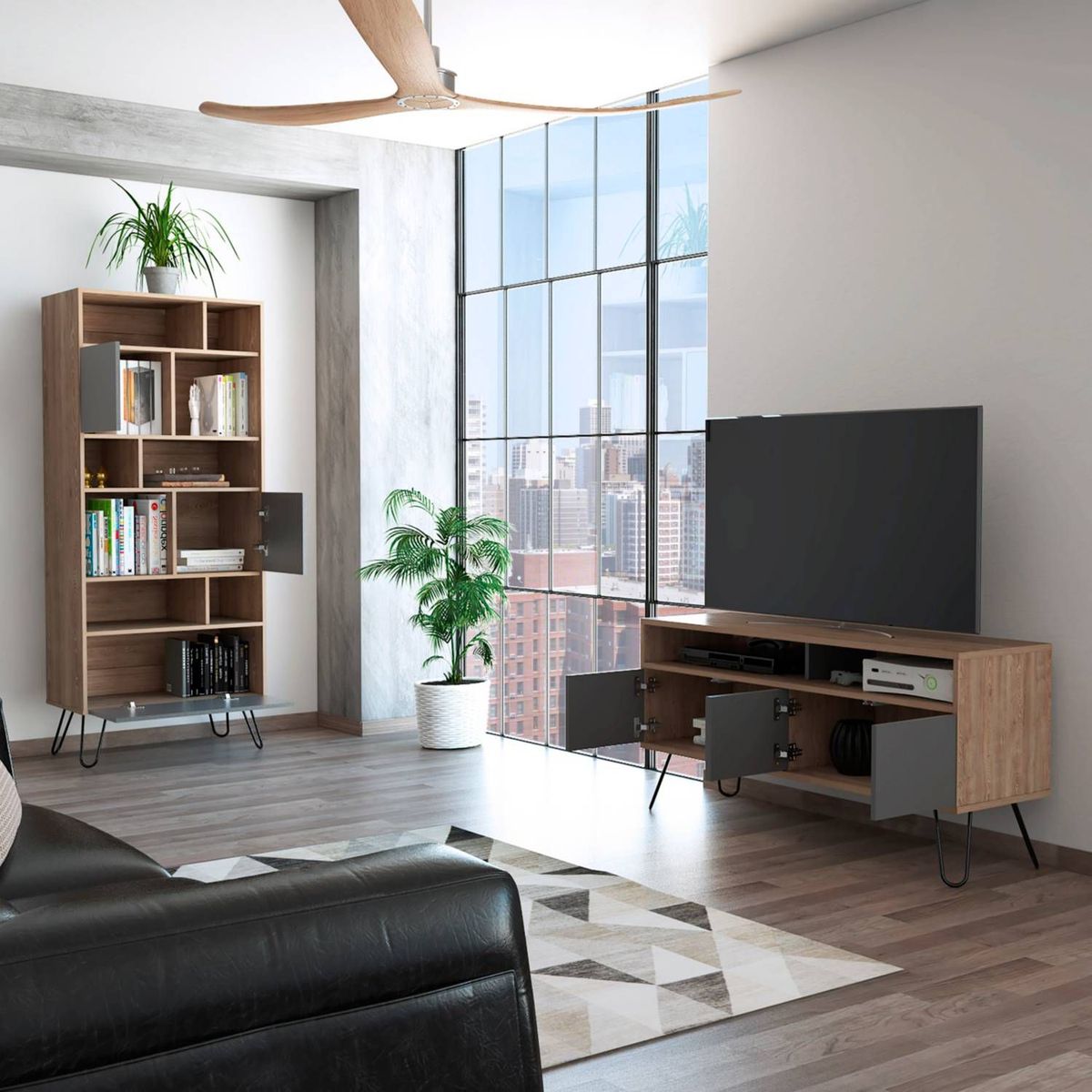 TUHOME - Combo Mesa de TV 55" + Estante Librero Vassel