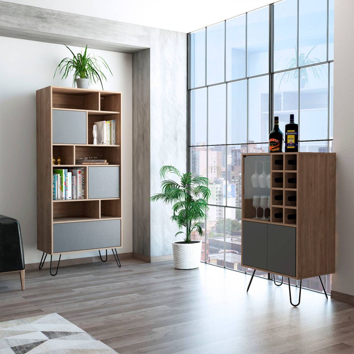 TUHOME - Combo Bar Cava + Estante Librero Vassel