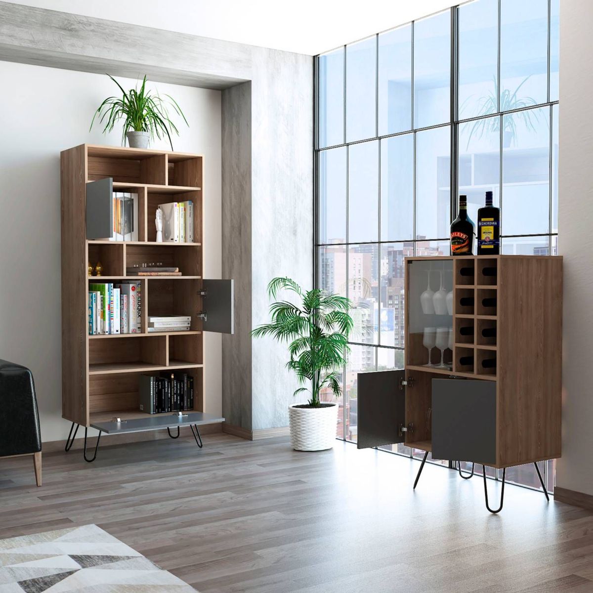 TUHOME - Combo Bar Cava + Estante Librero Vassel