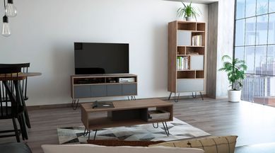 Mesa TV 55'' + Biblioteca + Mesa de Centro Vassel Miel/Plomo