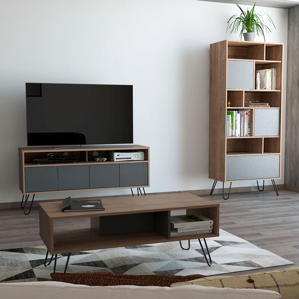 TUHOME - Mesa TV 55'' + Biblioteca + Mesa de Centro Vassel Miel/Plomo