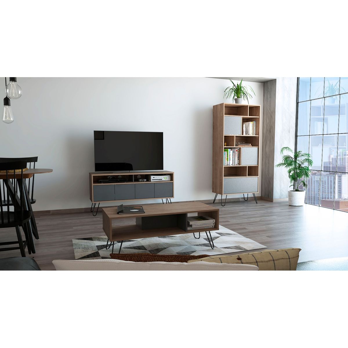 TUHOME - Mesa TV 55'' + Biblioteca + Mesa de Centro Vassel Miel/Plomo