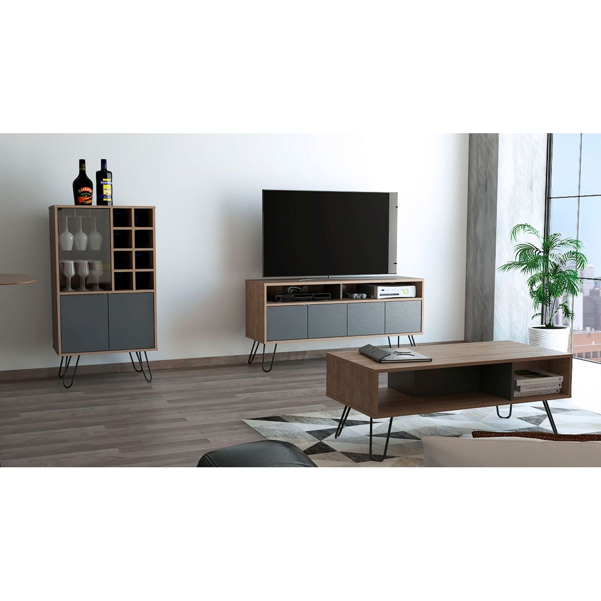 TUHOME - Combo Mesa de TV 55" + Bar Cava + Mesa de Centro Vassel