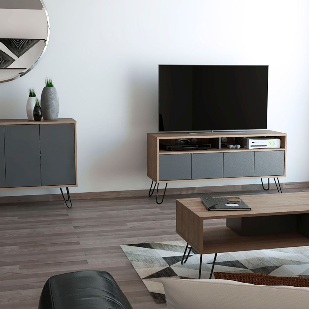 TUHOME - Combo Mesa de TV 55'' + Aparador + Mesa de Centro Vassel Miel/Plomo