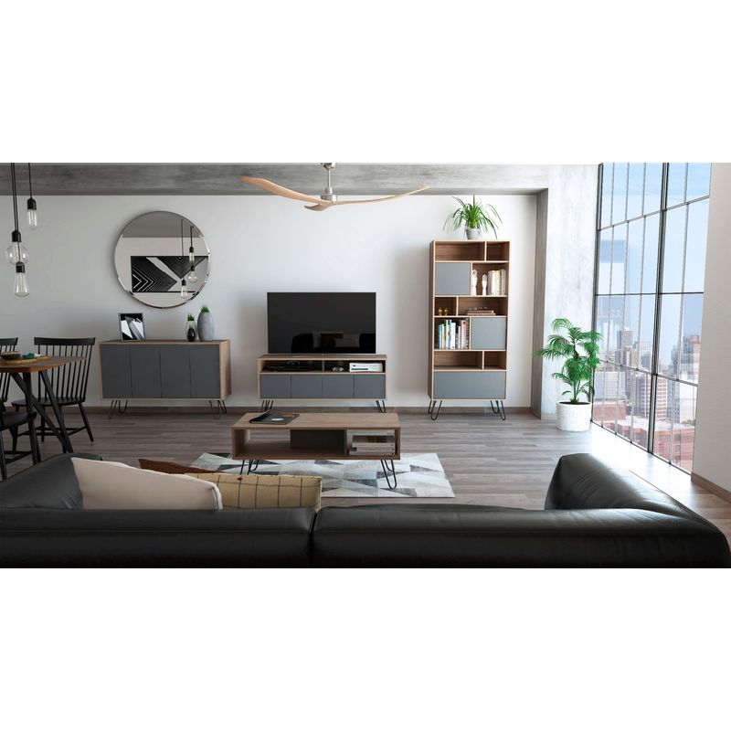 TUHOME - Rack TV 55'' + Biblioteca + Bife + Mesa Centro Vassel Miel/Plomo