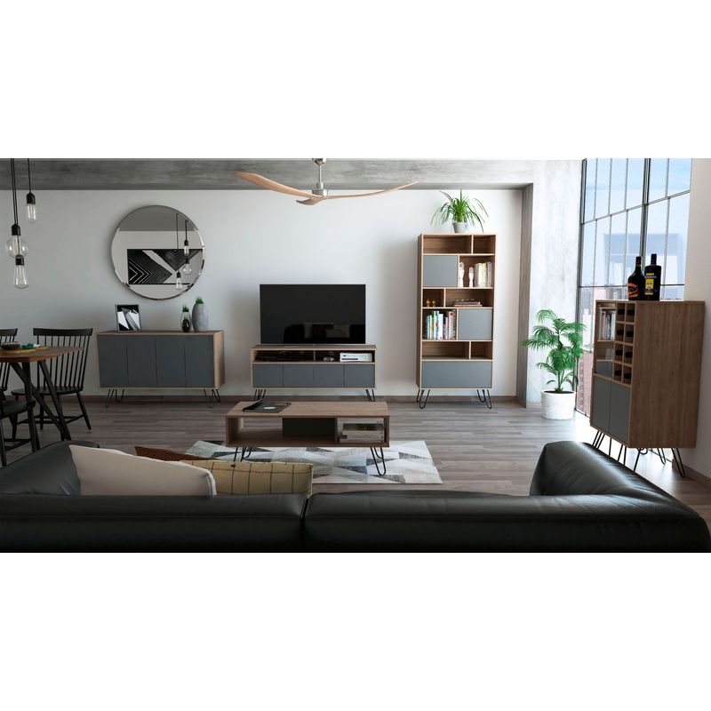 TUHOME - Rack TV 55'' + Biblioteca + Bar + Bife + Mesa Centro Vassel Miel/Plomo
