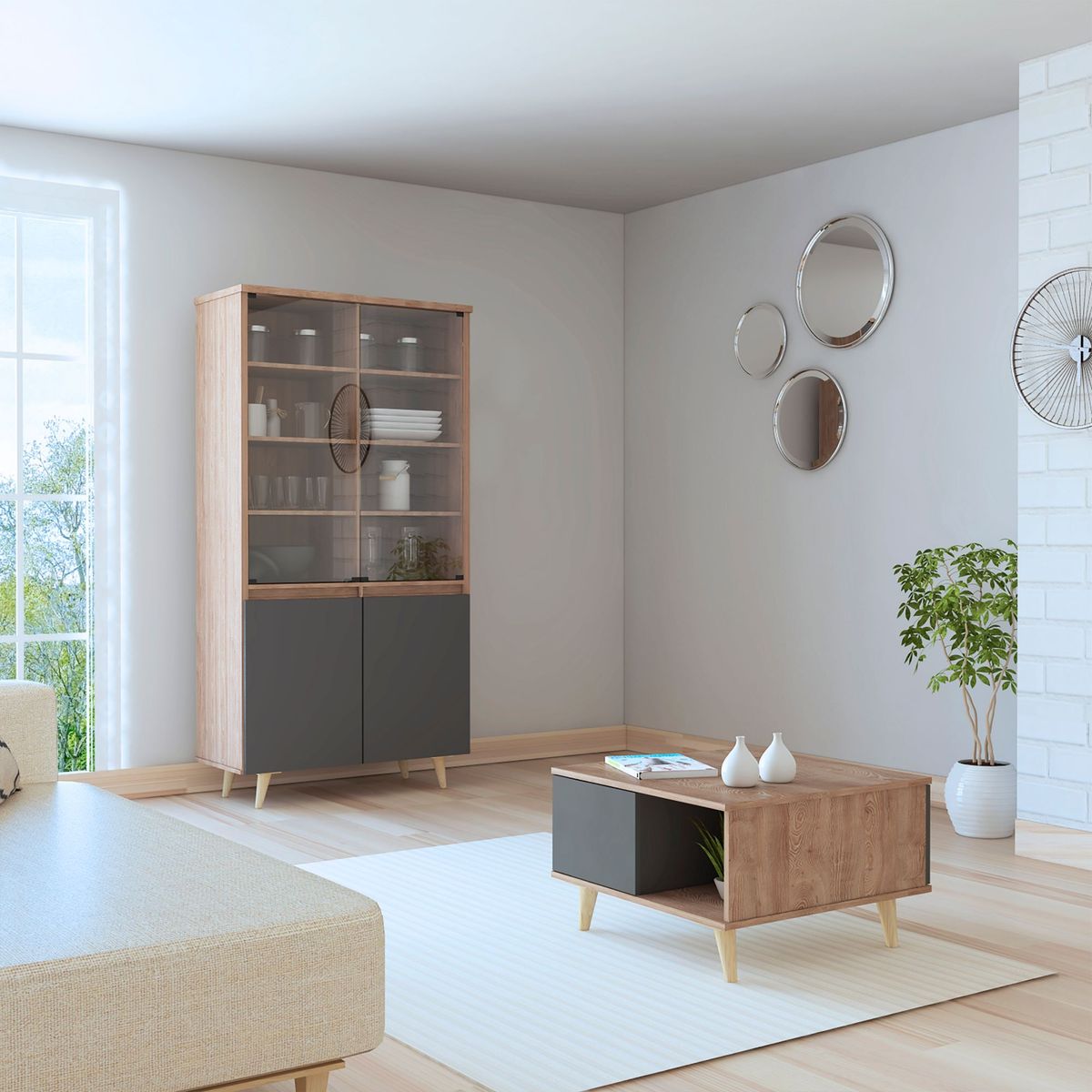 TUHOME - Vitrina + Mesa de Centro Salem Miel/Plomo