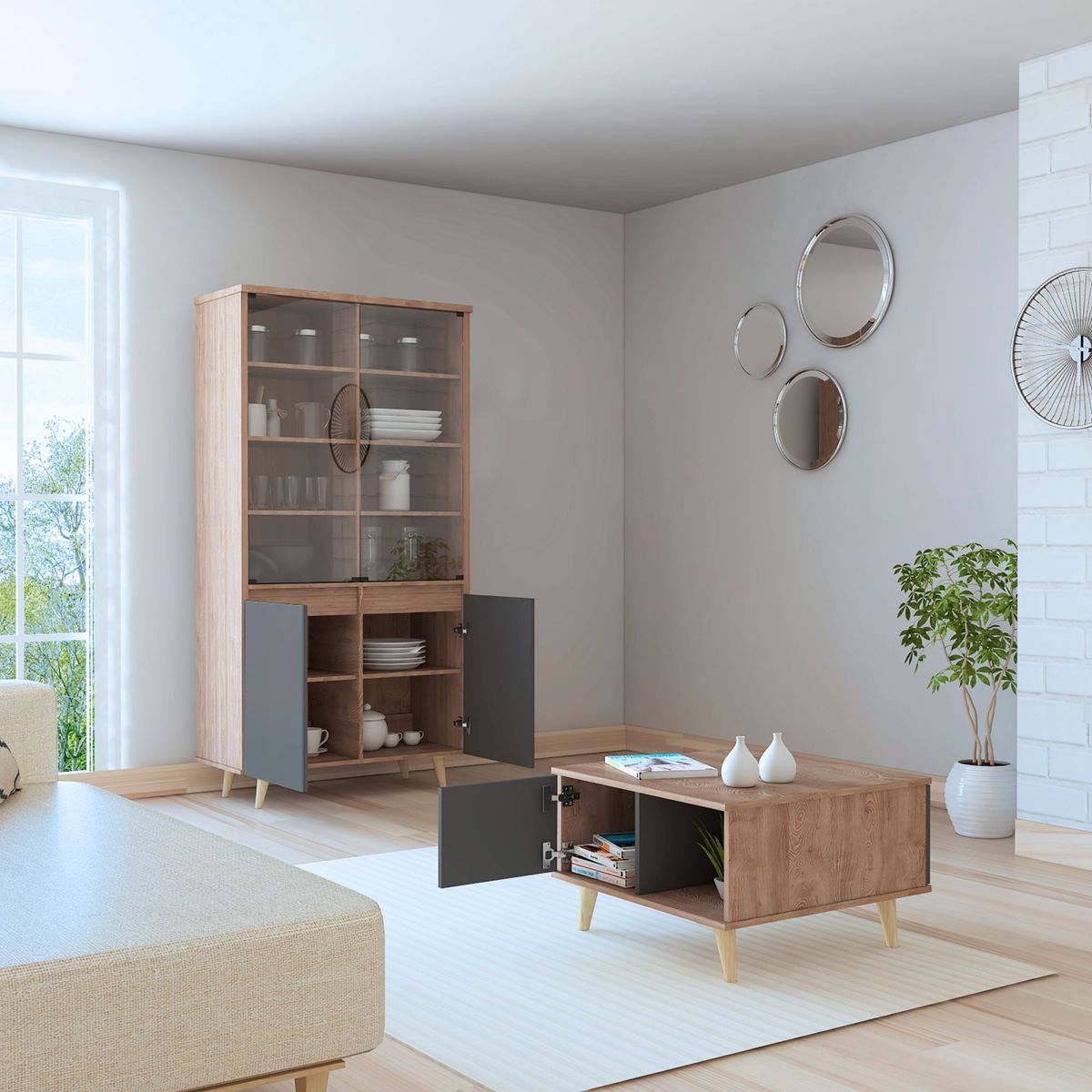 TUHOME - Vitrina + Mesa de Centro Salem Miel/Plomo