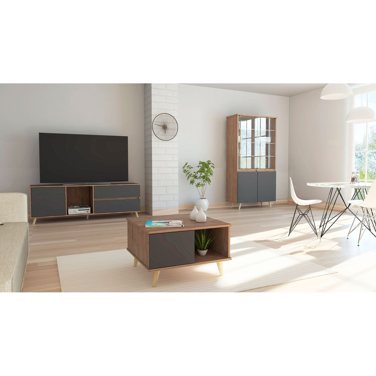 Mesa TV 60'' + Vitrina + Mesa de Centro Salem Miel/Plomo, marca TUHOME - Foto Principal