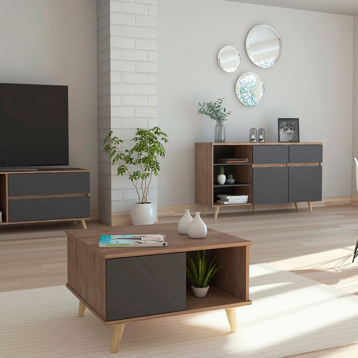 TUHOME - Combo Mesa de TV 60'' + Aparador + Mesa de Centro Salem Miel/Plomo