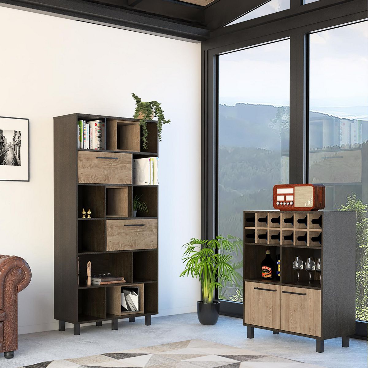 TUHOME - Combo Bar Cava + Estante Librero Kaia