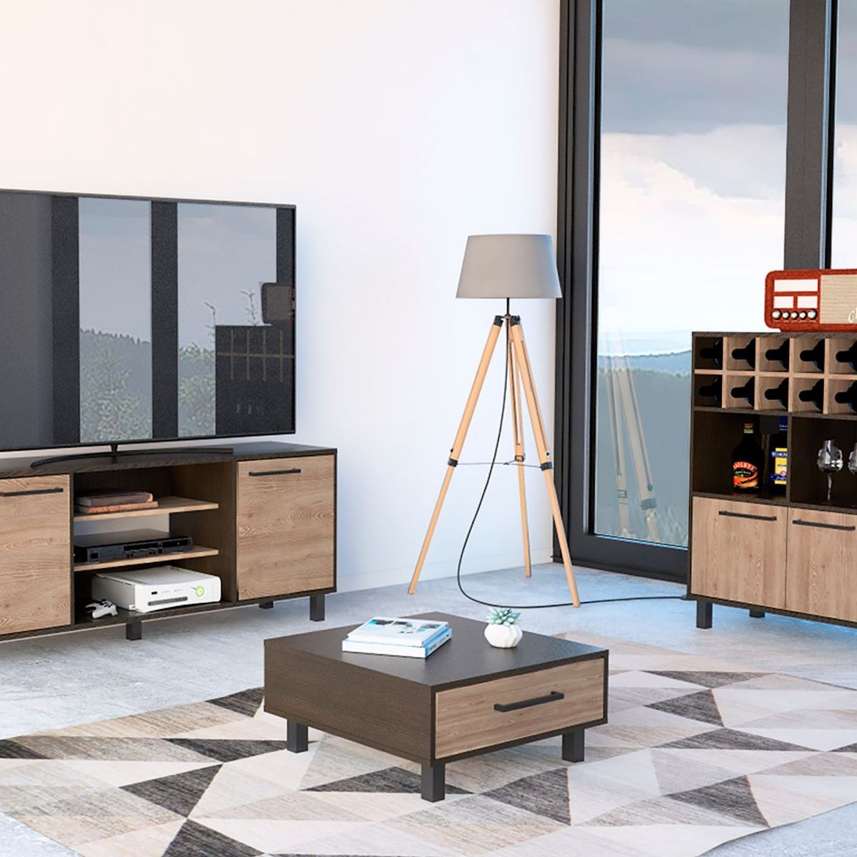 TUHOME - Combo Mesa de TV 65" + Bar Cava + Mesa de Centro Kaia