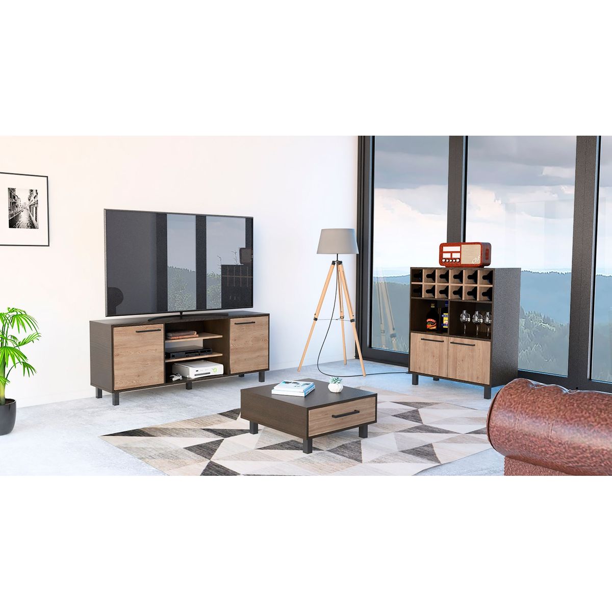 TUHOME - Combo Mesa de TV 65" + Bar Cava + Mesa de Centro Kaia