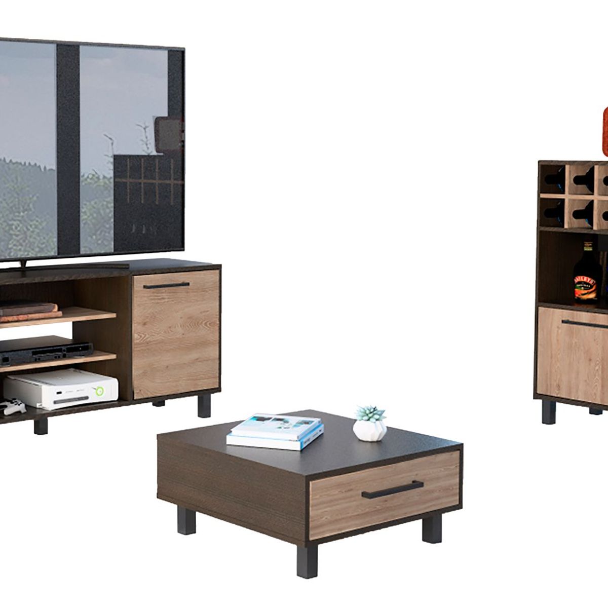 TUHOME - Combo Mesa de TV 65" + Bar Cava + Mesa de Centro Kaia