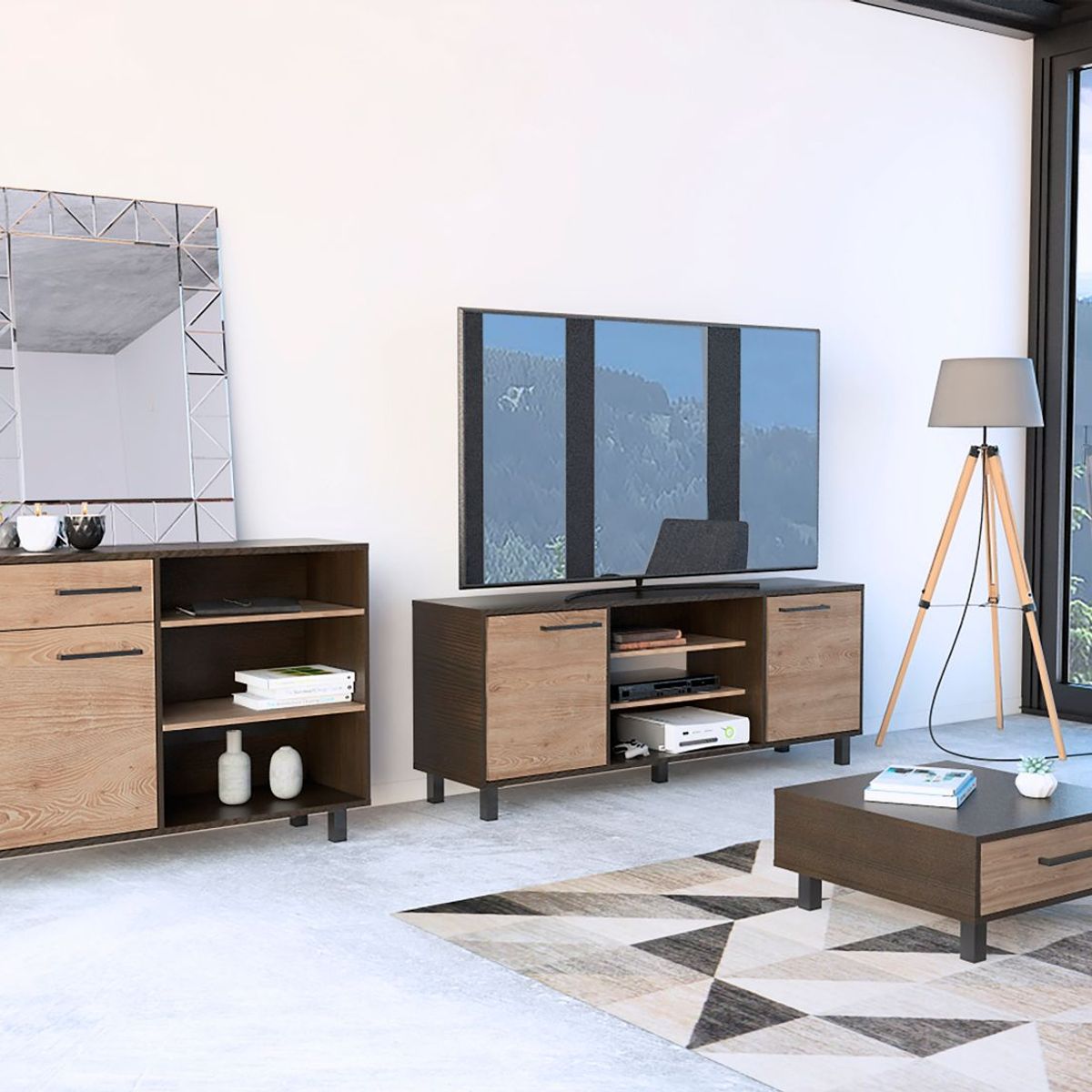 TUHOME - Combo Mesa de TV 65'' + Aparador + Mesa de Centro Kaia Wengue/Miel