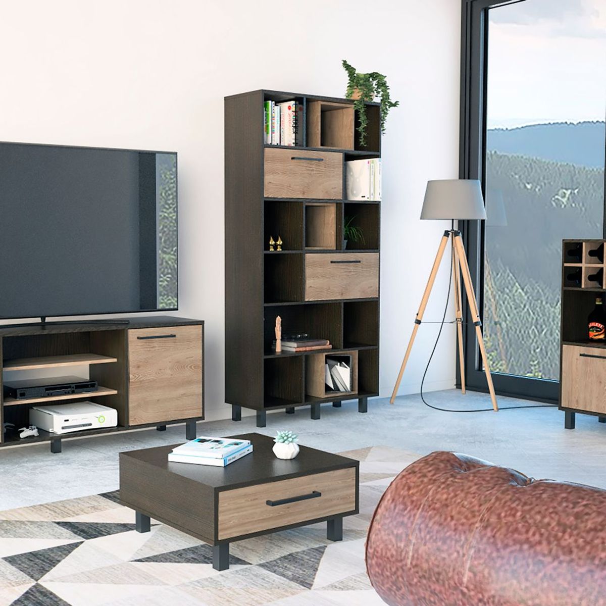 TUHOME - Combo Mesa de TV 65" + Bar Cava + Estante Librero + Mesa de Centro Kaia