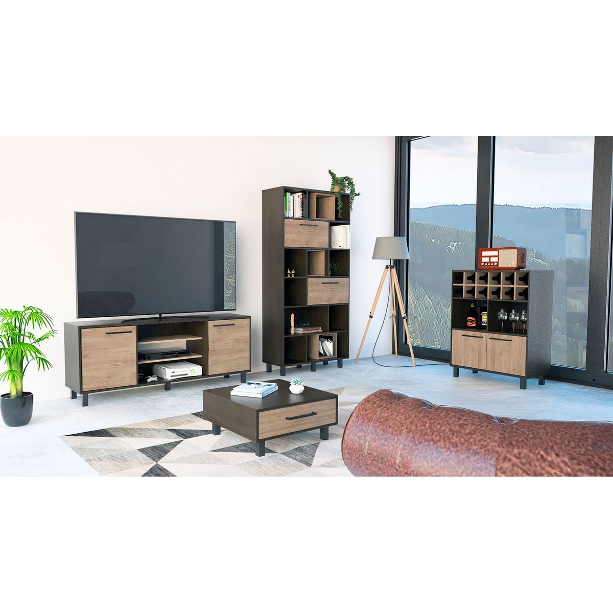 TUHOME - Combo Mesa de TV 65" + Bar Cava + Estante Librero + Mesa de Centro Kaia