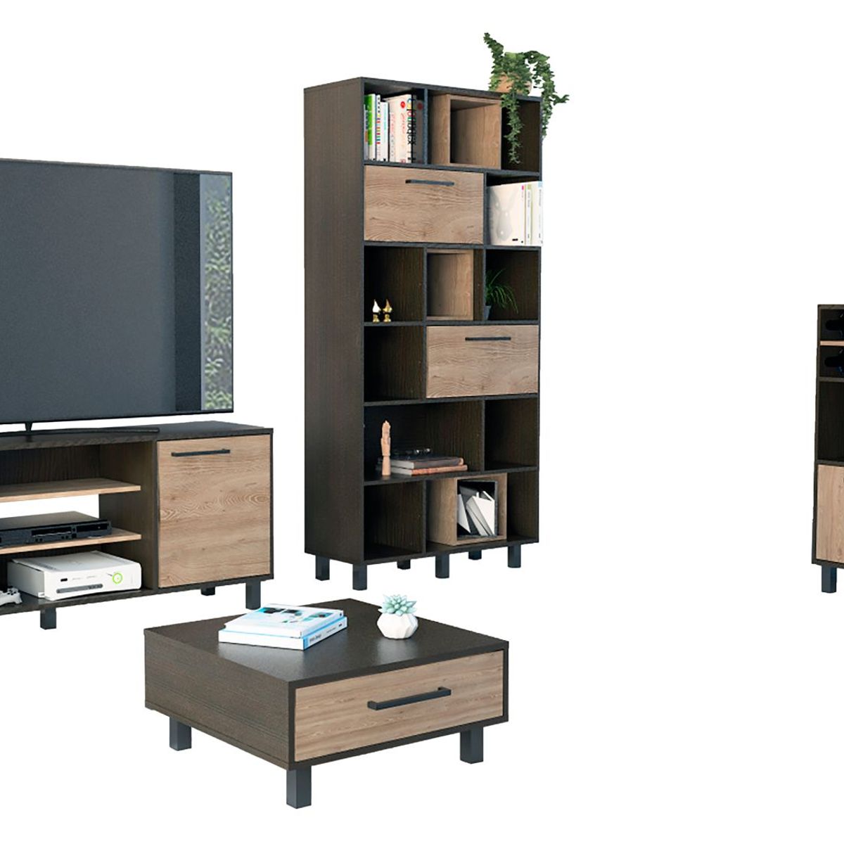 TUHOME - Combo Mesa de TV 65" + Bar Cava + Estante Librero + Mesa de Centro Kaia