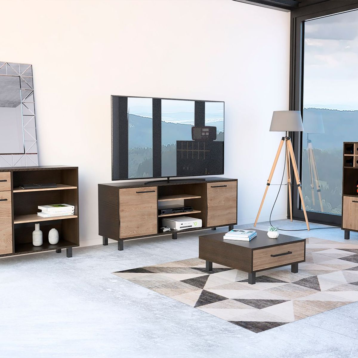 TUHOME - Combo Mesa de TV 65'' + Bar + Aparador + Mesa de Centro Kaia Wengue/Miel