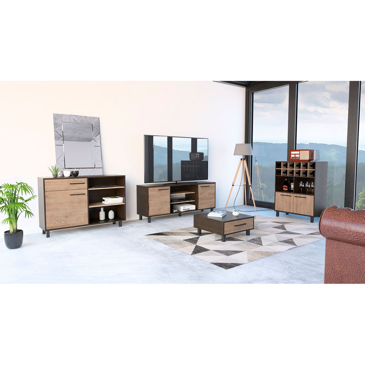 TUHOME - Combo Mesa de TV 65'' + Bar + Aparador + Mesa de Centro Kaia Wengue/Miel