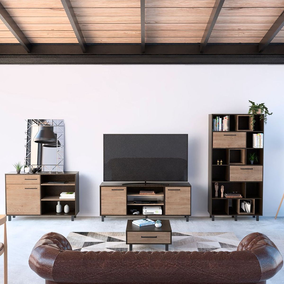 TUHOME - Combo Mesa de TV 65'' + Biblioteca + Bar + Aparador + Mesa de Centro Kaia Wengue/Miel