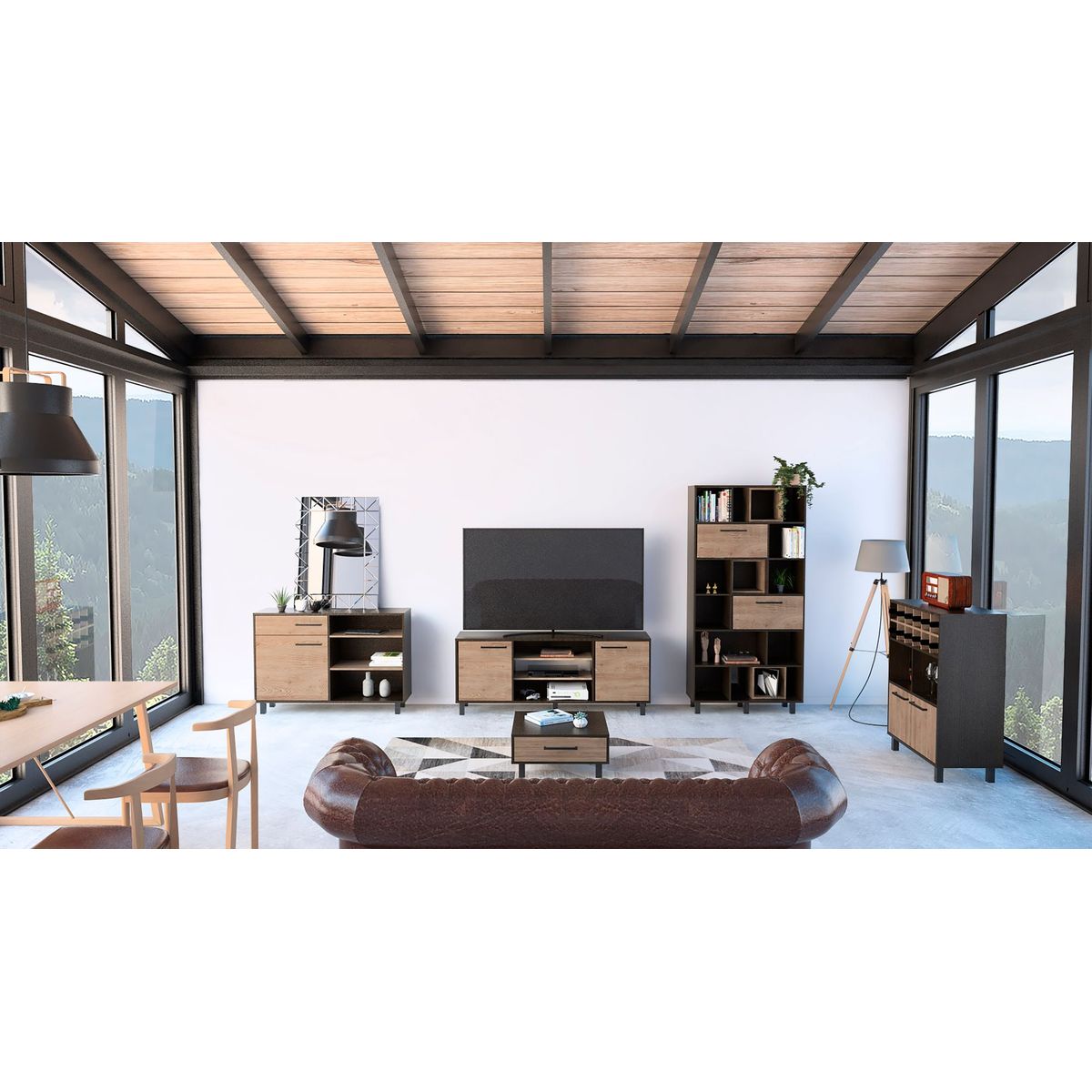 TUHOME - Combo Mesa de TV 65'' + Biblioteca + Bar + Aparador + Mesa de Centro Kaia Wengue/Miel