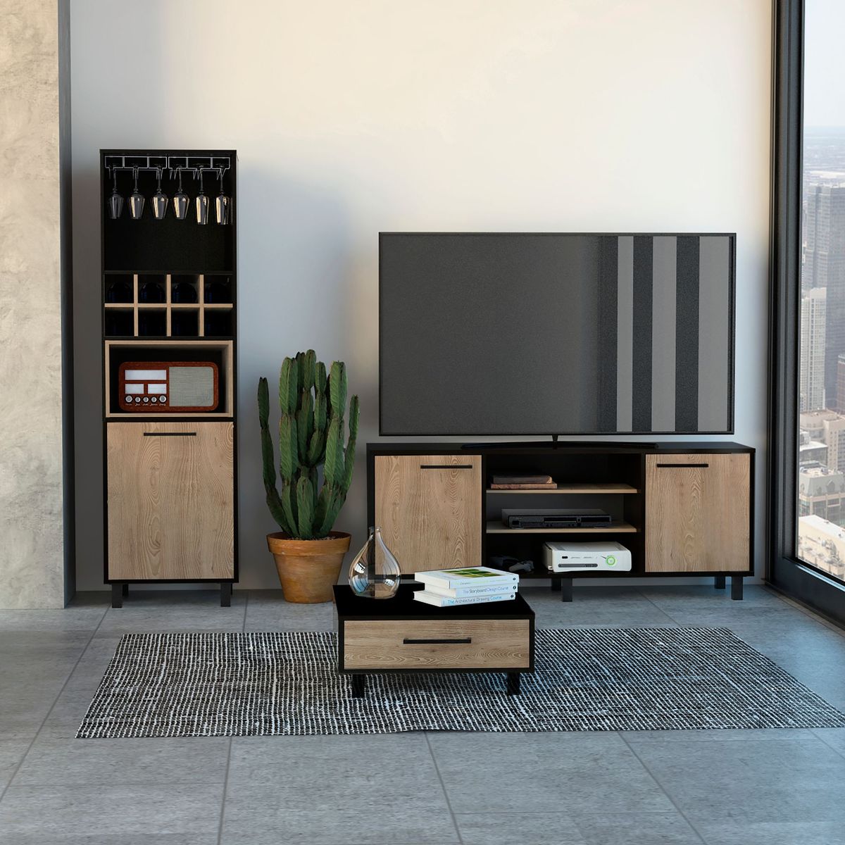 TUHOME - Rack TV 55'' + Bar Alto + Mesa Centro Kaia Wengue/Miel