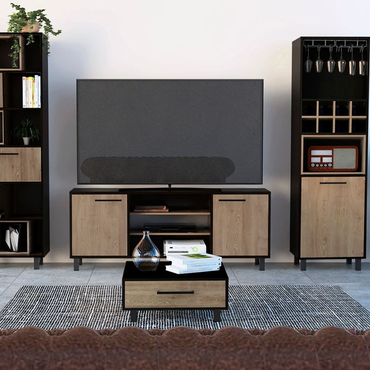 TUHOME - Rack TV 55'' + Biblioteca + Bar Alto + Mesa Centro Kaia Wengue/Miel