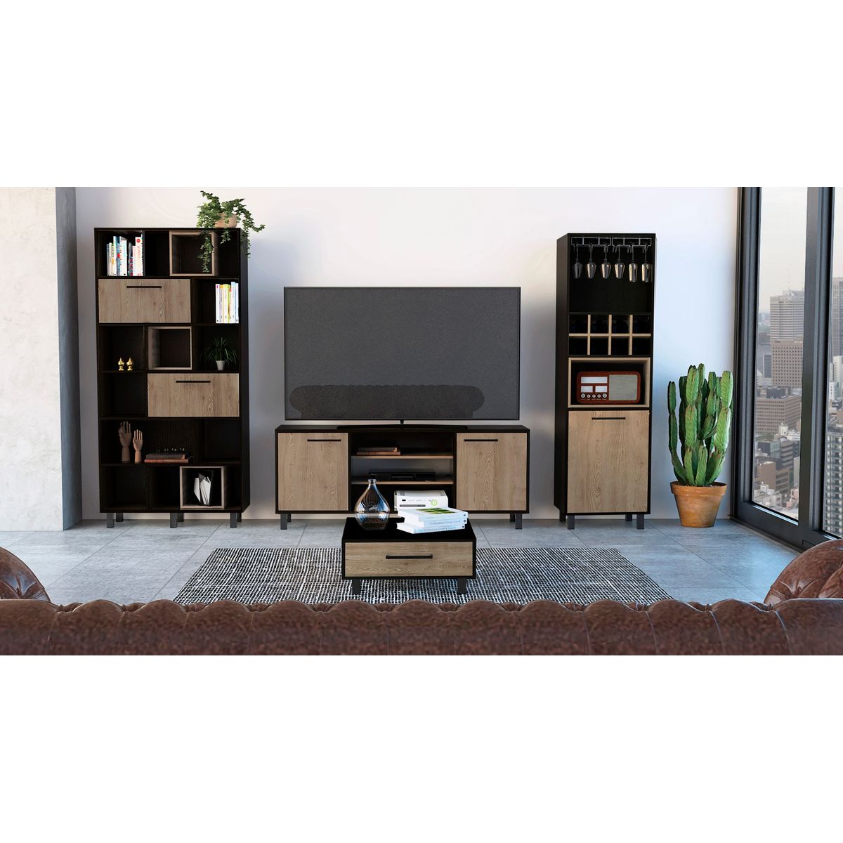 TUHOME - Rack TV 55'' + Biblioteca + Bar Alto + Mesa Centro Kaia Wengue/Miel