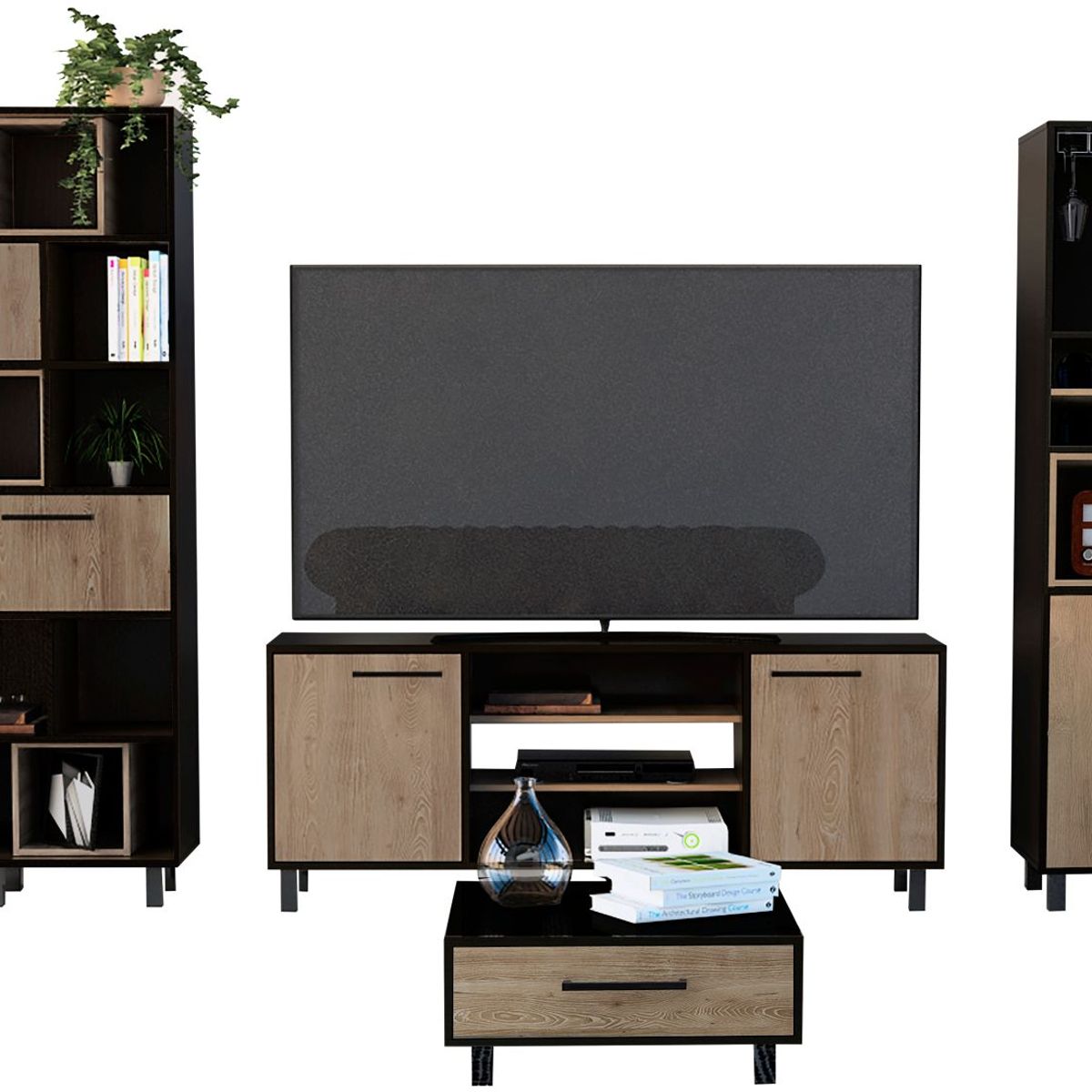 TUHOME - Rack TV 55'' + Biblioteca + Bar Alto + Mesa Centro Kaia Wengue/Miel