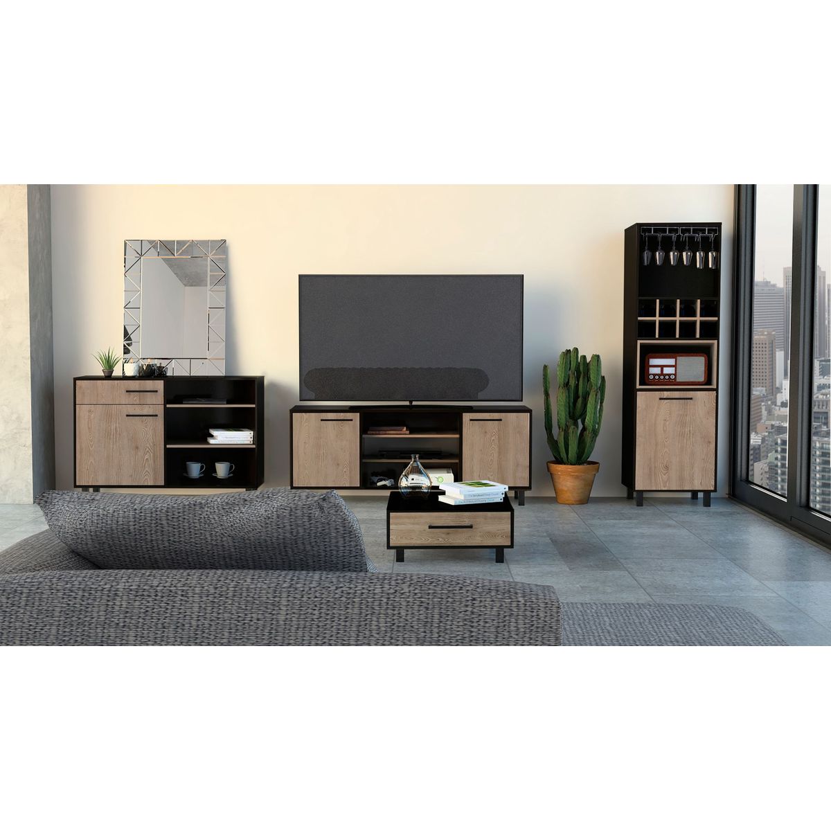 Combo Mesa de TV 55'' + Bar Alto + Aparador + Mesa de Centro Kaia Wengue/Miel, marca TUHOME - Foto Principal