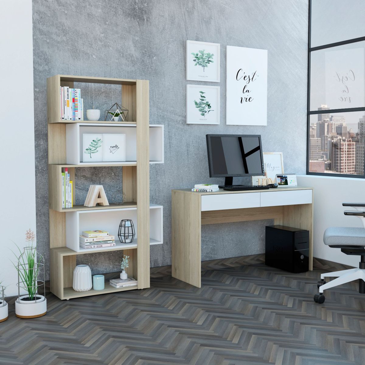 TUHOME - Combo Office 37 Escritorio + Biblioteca Rovere/Blanco