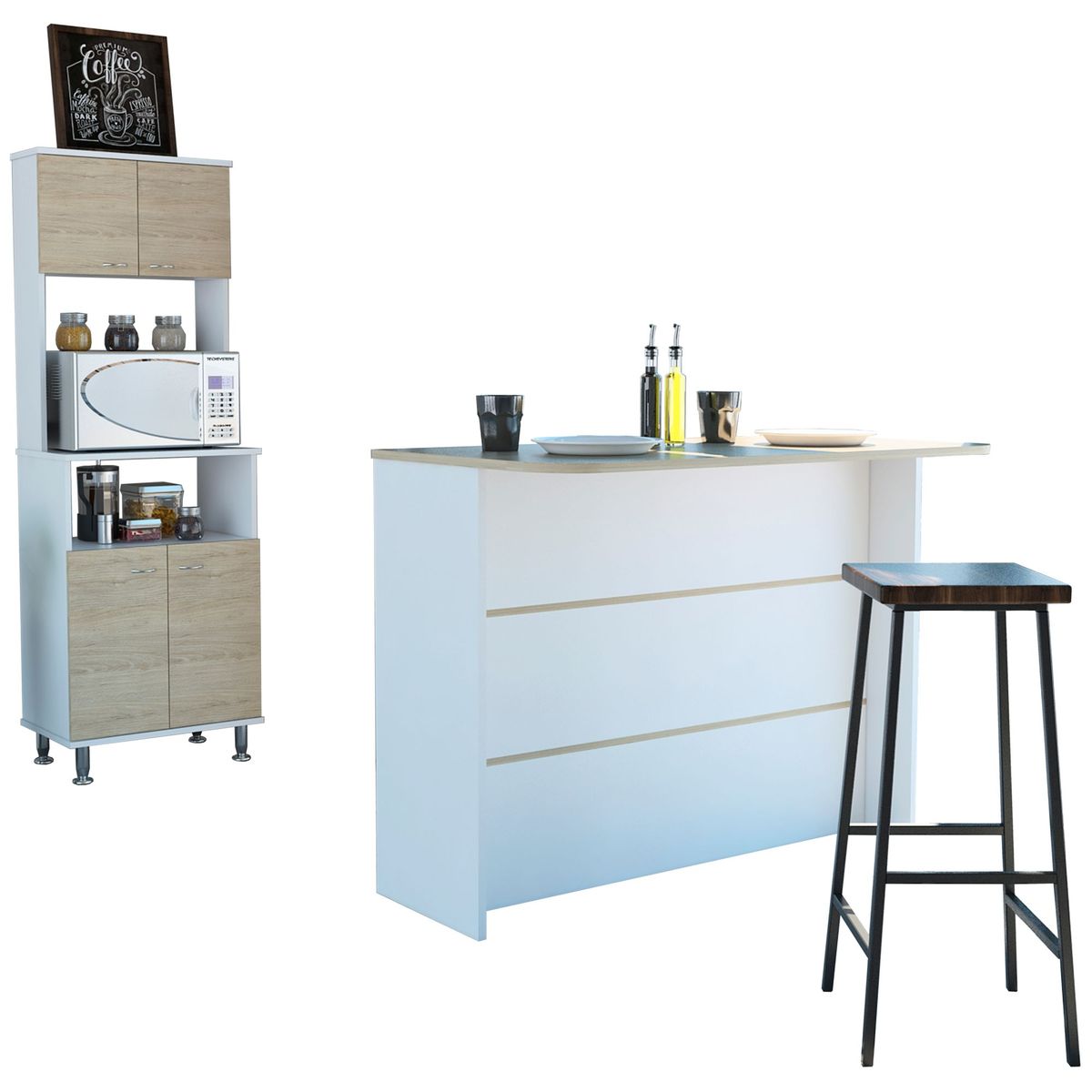 TUHOME - Combo Kitchen 17 Mueble Microondas + Barra de Cocina Blanco