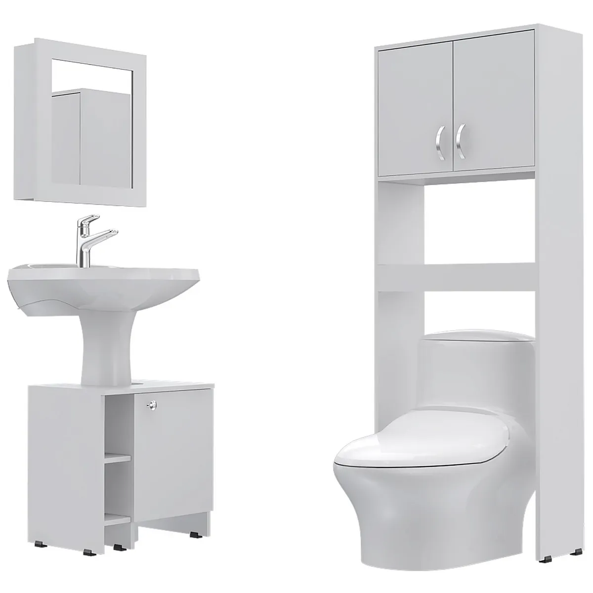 TUHOME - Combo Mueble de Baño Organizador Lavamanos + Botiquin Blanco + Organizador sobre Inodoro